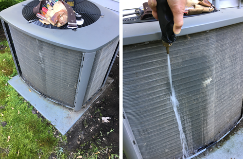 Two photos combined of a central unity air conditioner with the vent panels removed from the side. The left photo has a tool belt on the top of the unit. The right photo shows a hose cleaning out the condensers. 