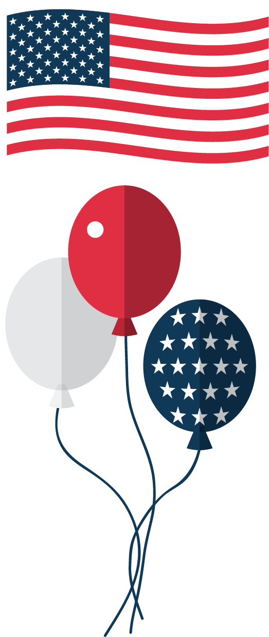 Graphic of red, white, and blue balloons and the flag of the USA 